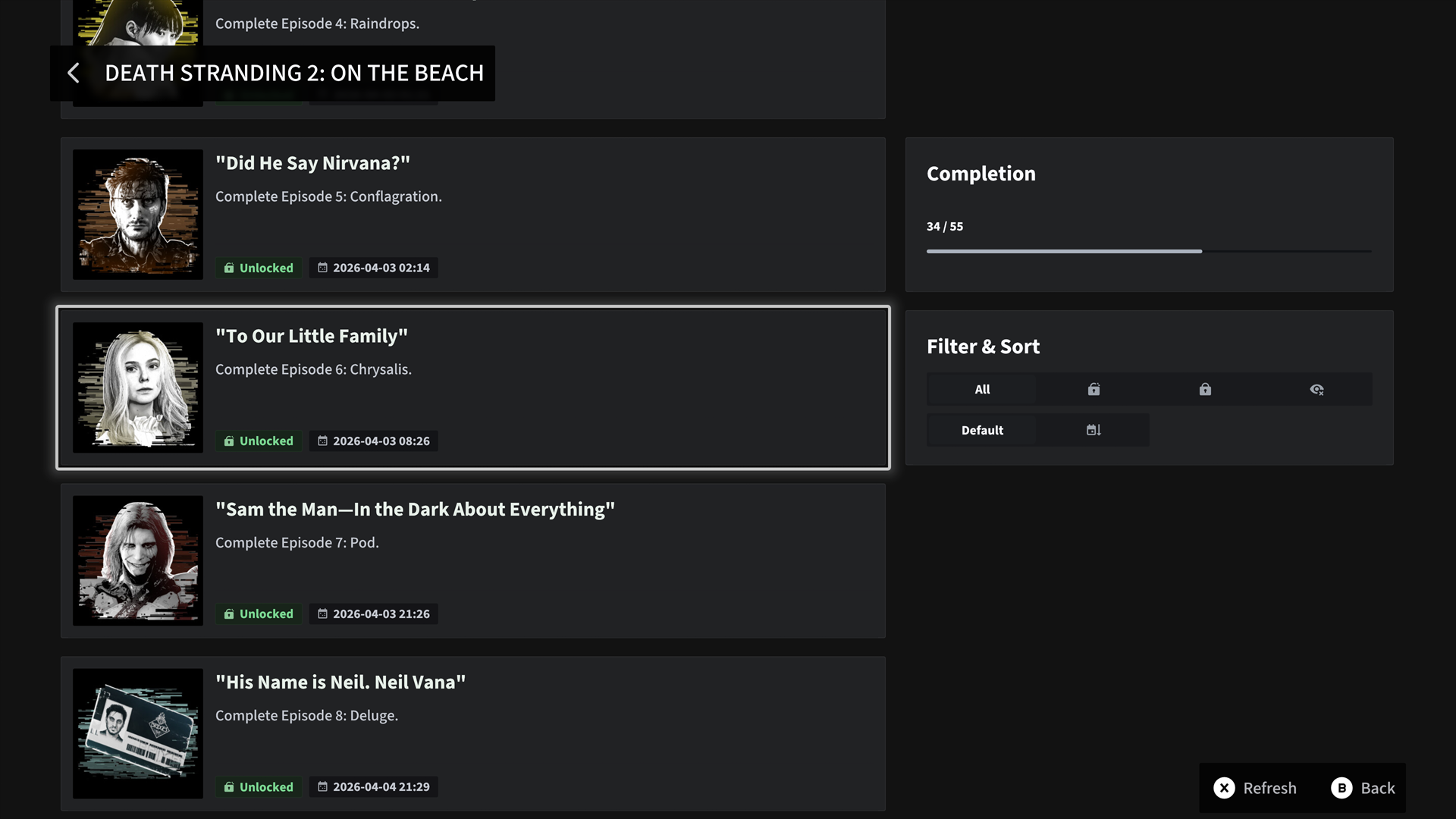 Achievement list with completion progress, unlock dates, filters, and sorting controls