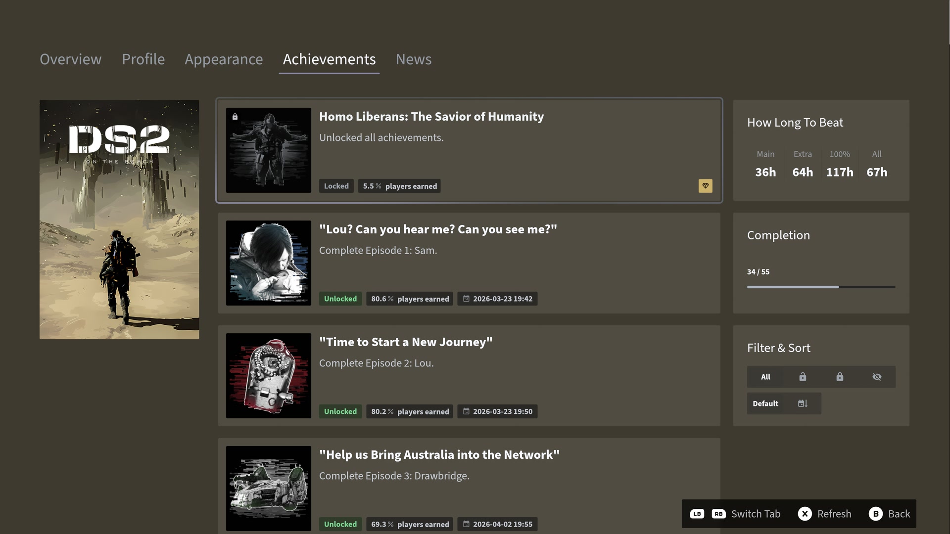 Achievement list with completion progress, unlock dates, filters, and sorting controls