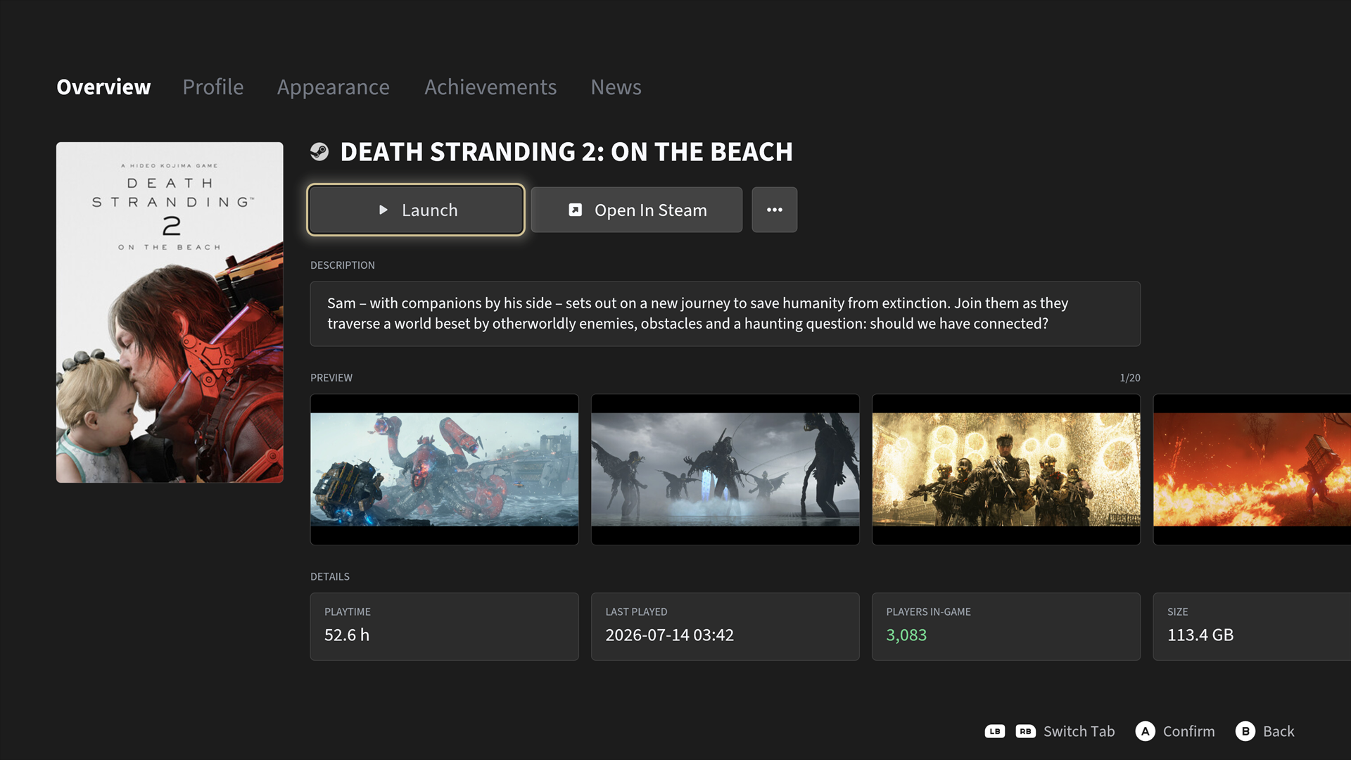 Game overview with description, media previews, playtime, player count, and install size