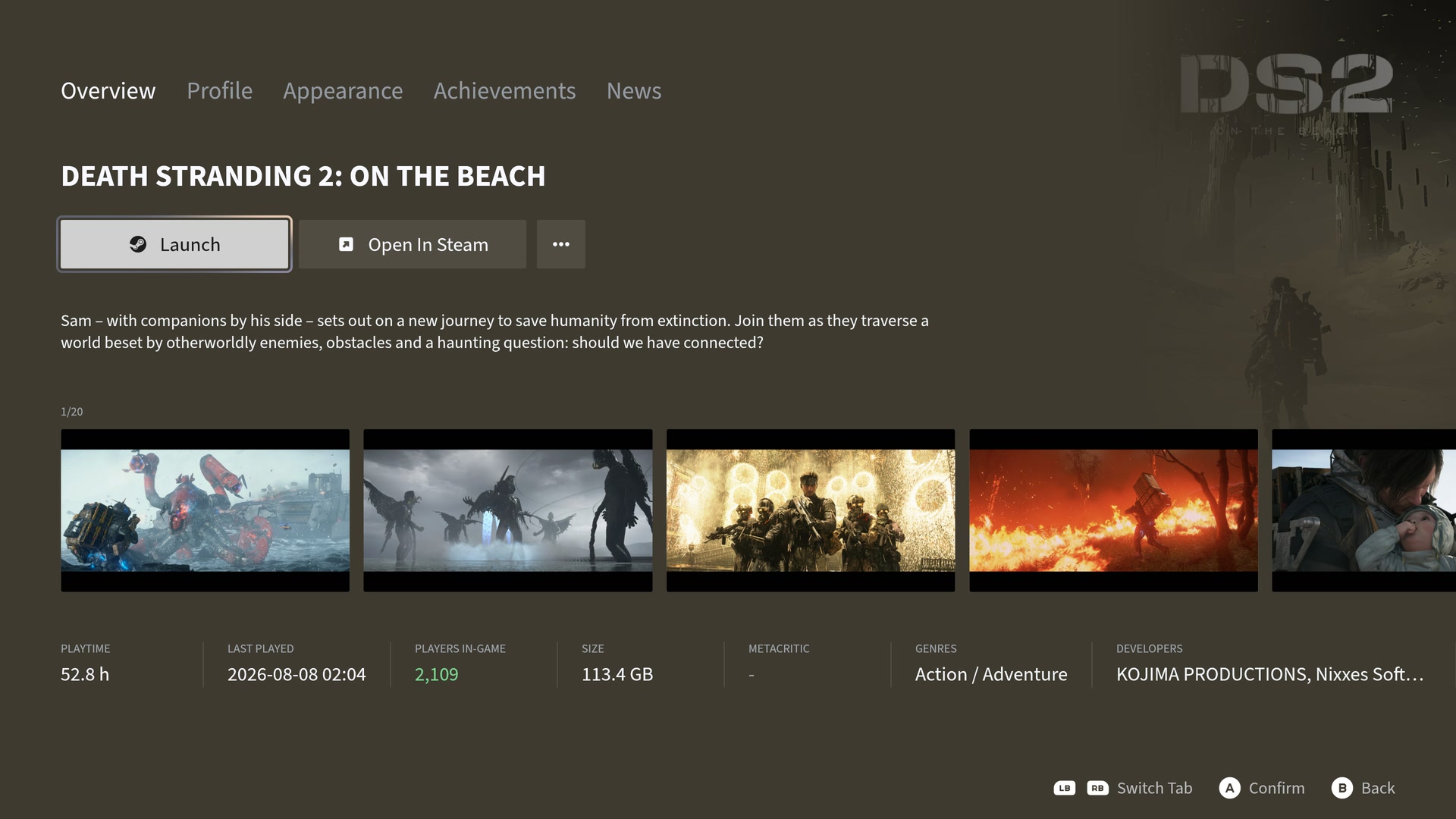 Game overview with description, media previews, playtime, player count, and install size