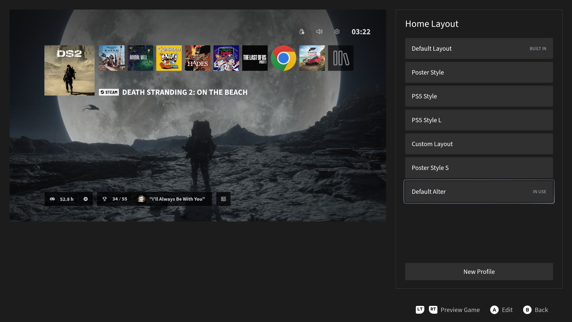 Home layout settings with built-in and custom layout profiles plus a live preview