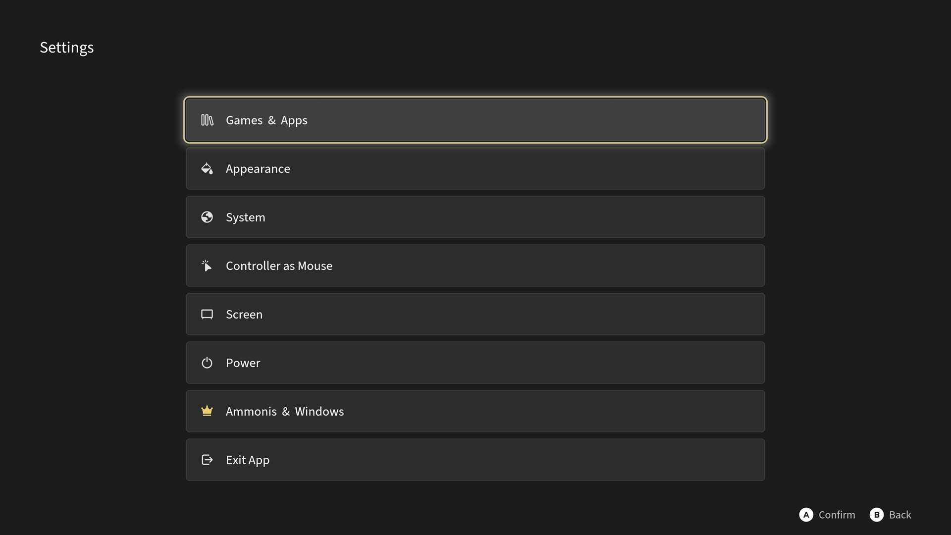 Controller-friendly settings hub with games, appearance, system, screen, power, and Windows sections