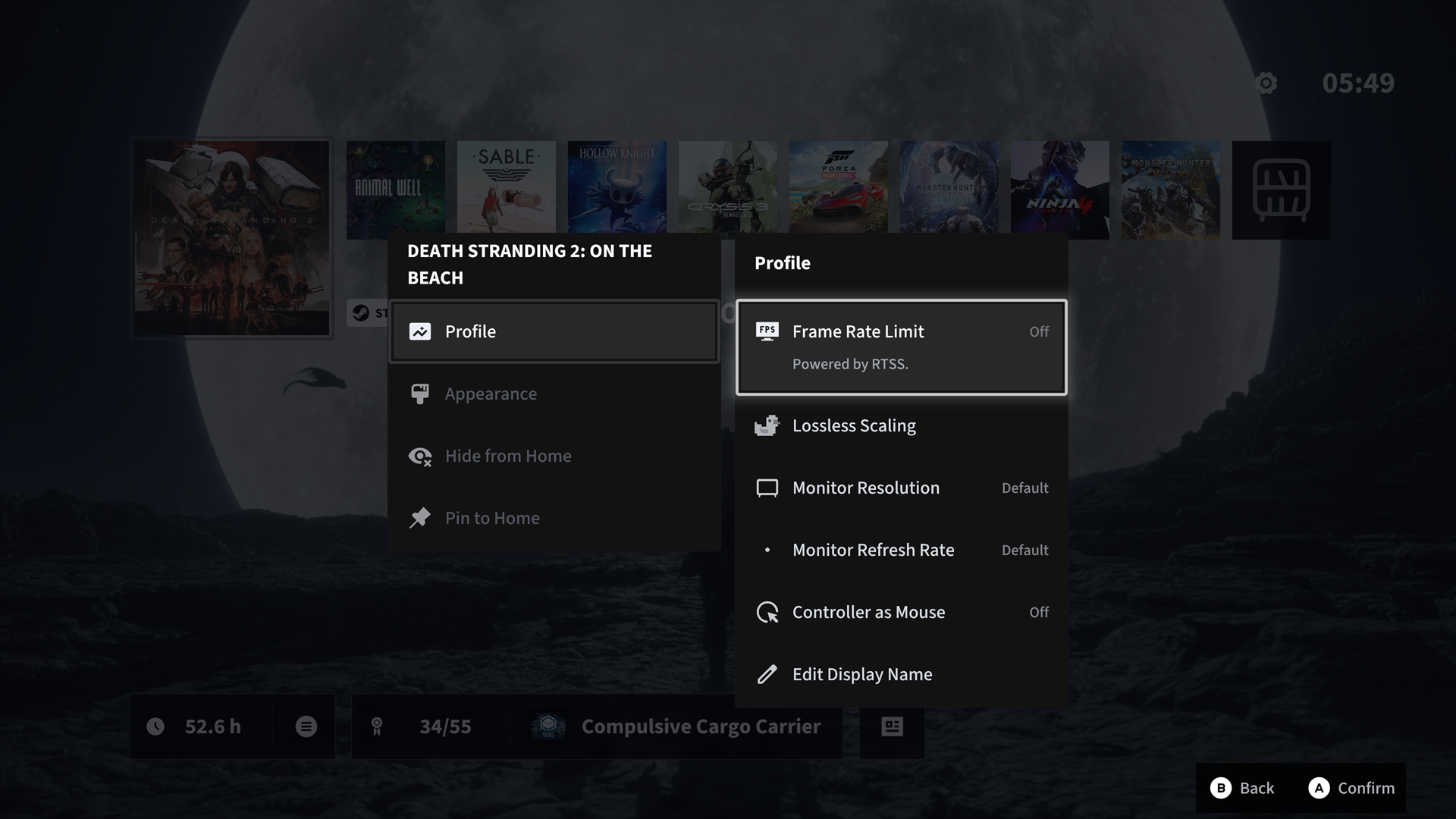 Per-game profile menu with frame rate, scaling, and display options