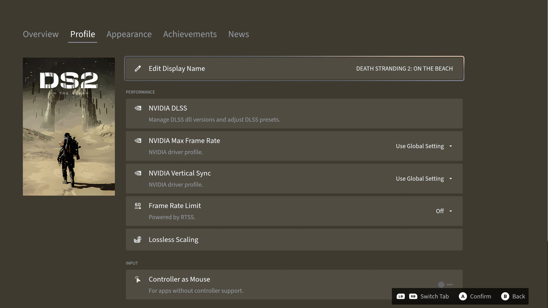 Per-game profile menu with frame rate, scaling, and display options