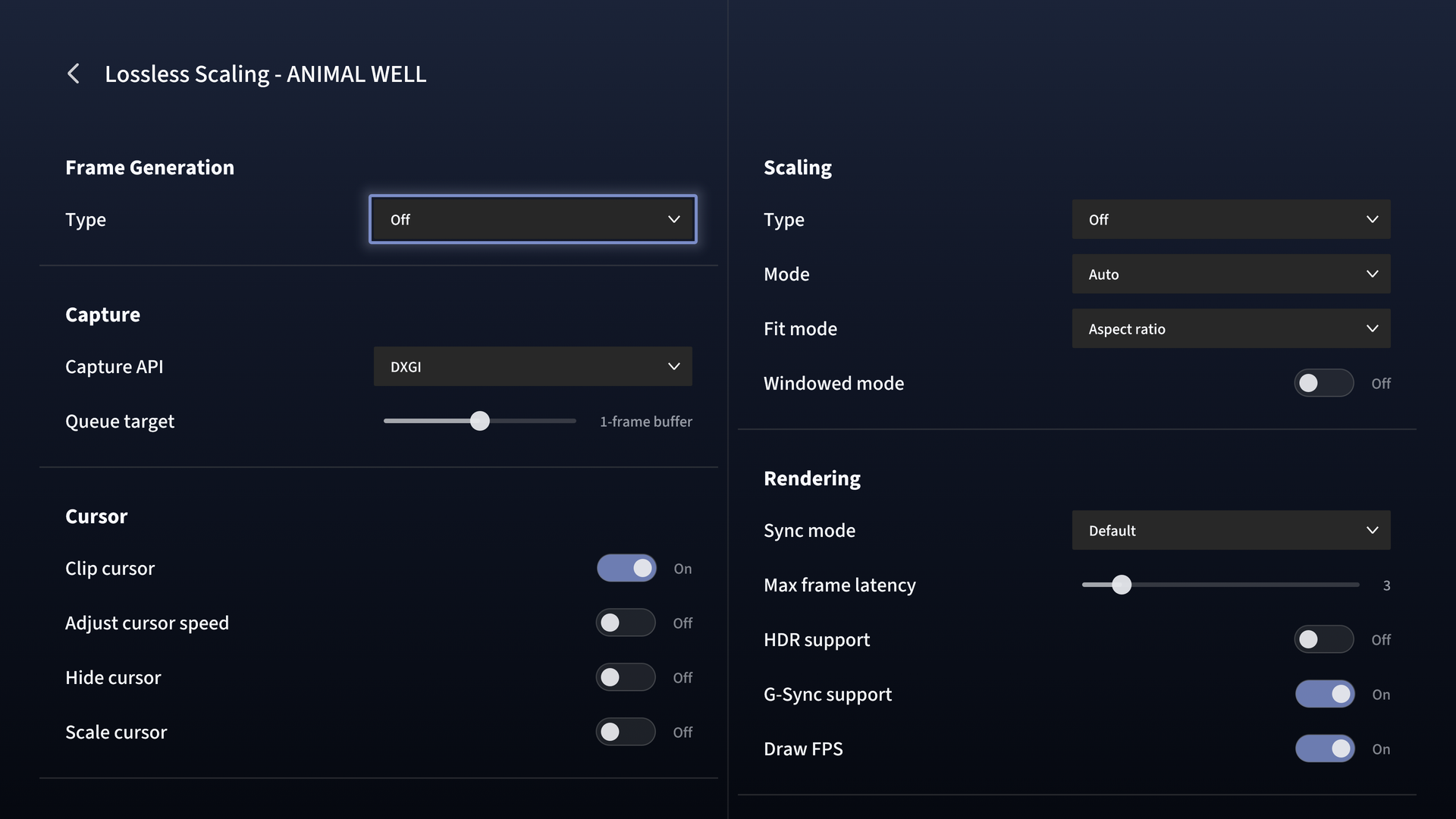 Lossless Scaling profile settings inside Ammonis