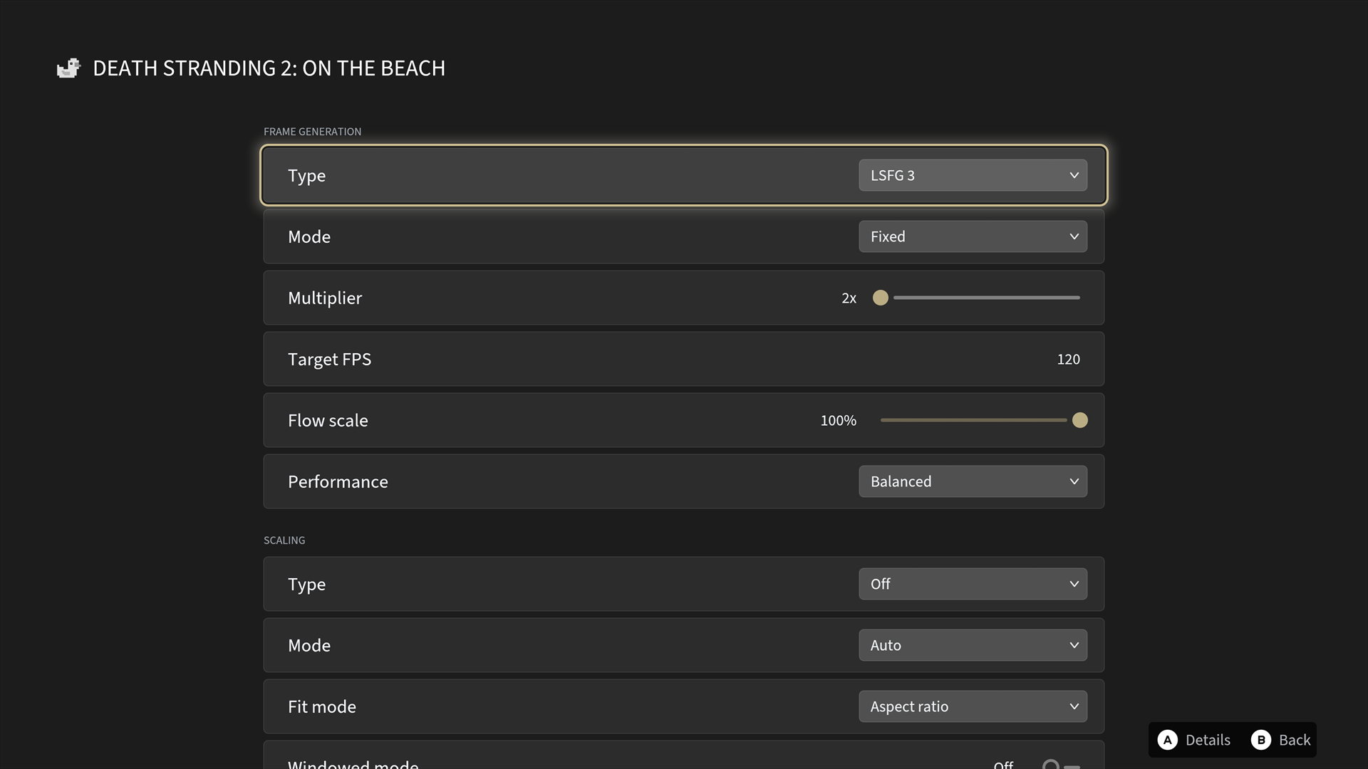 Lossless Scaling settings with frame generation and rendering controls