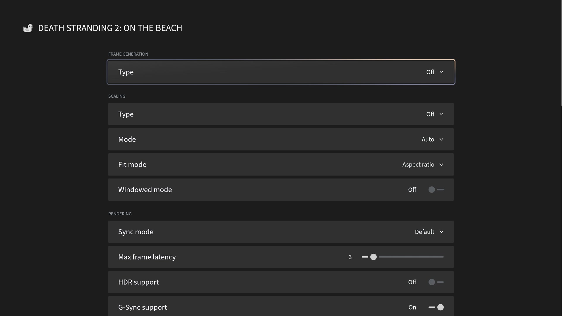 Lossless Scaling settings with frame generation and rendering controls