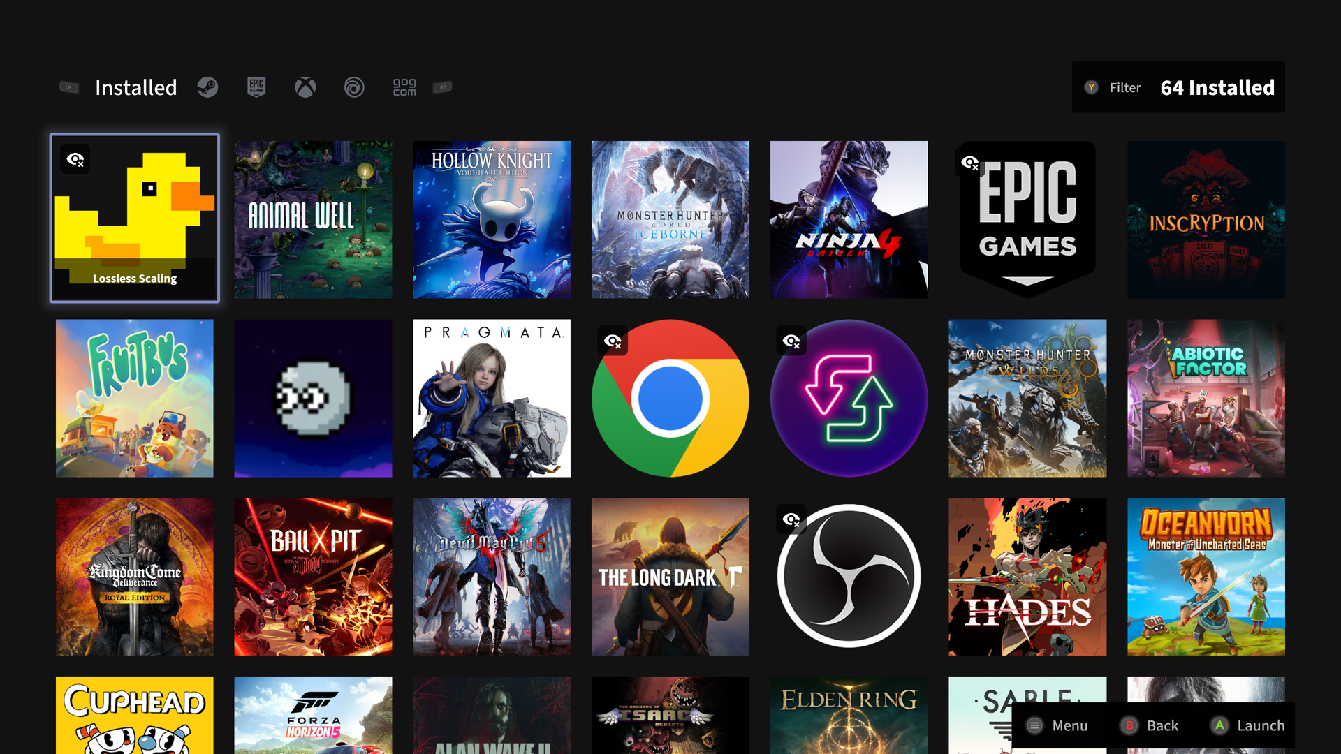 Ammonis installed games grid with platform filters