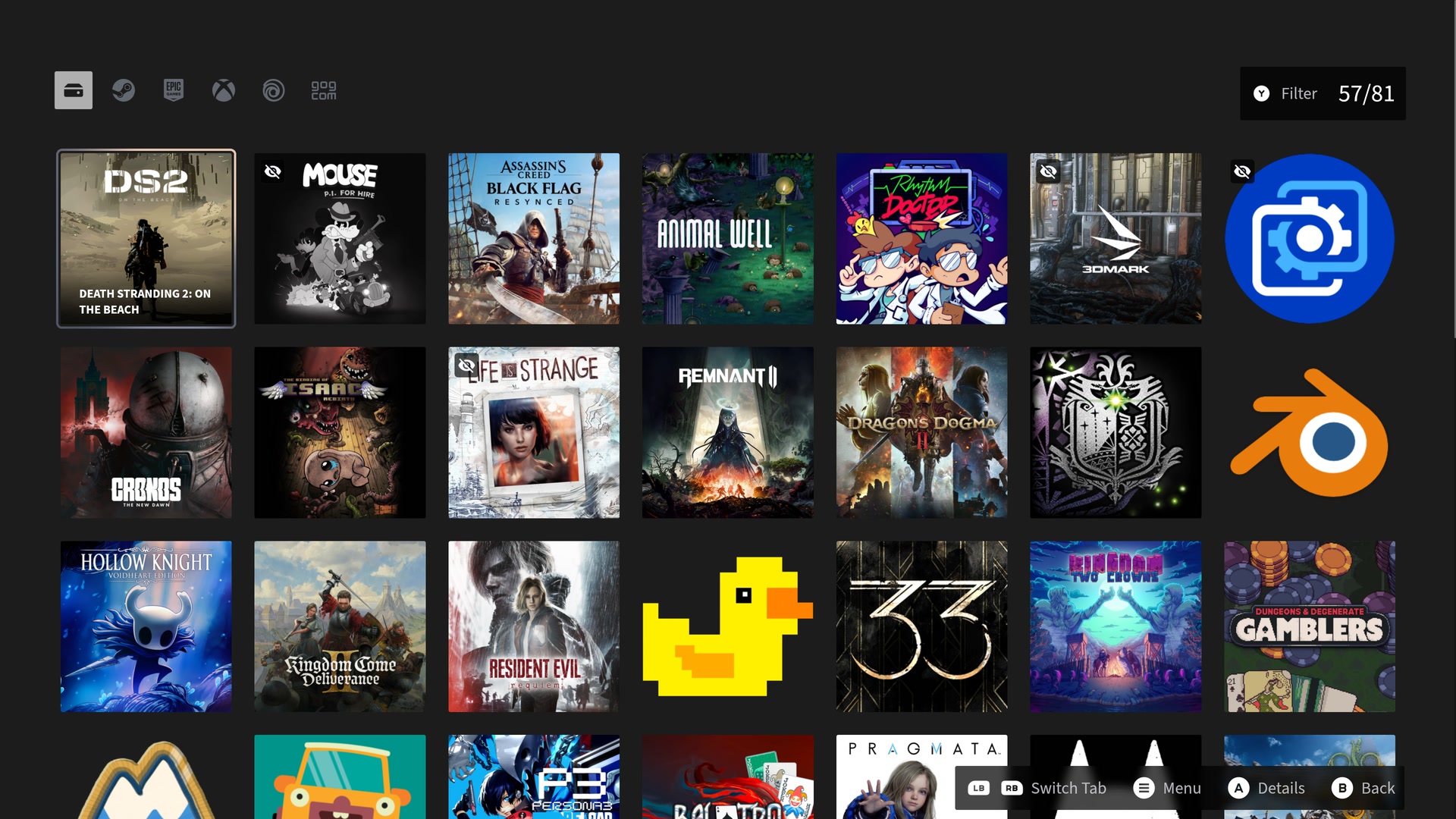 Installed games grid with Steam, Epic, and Xbox platform filters