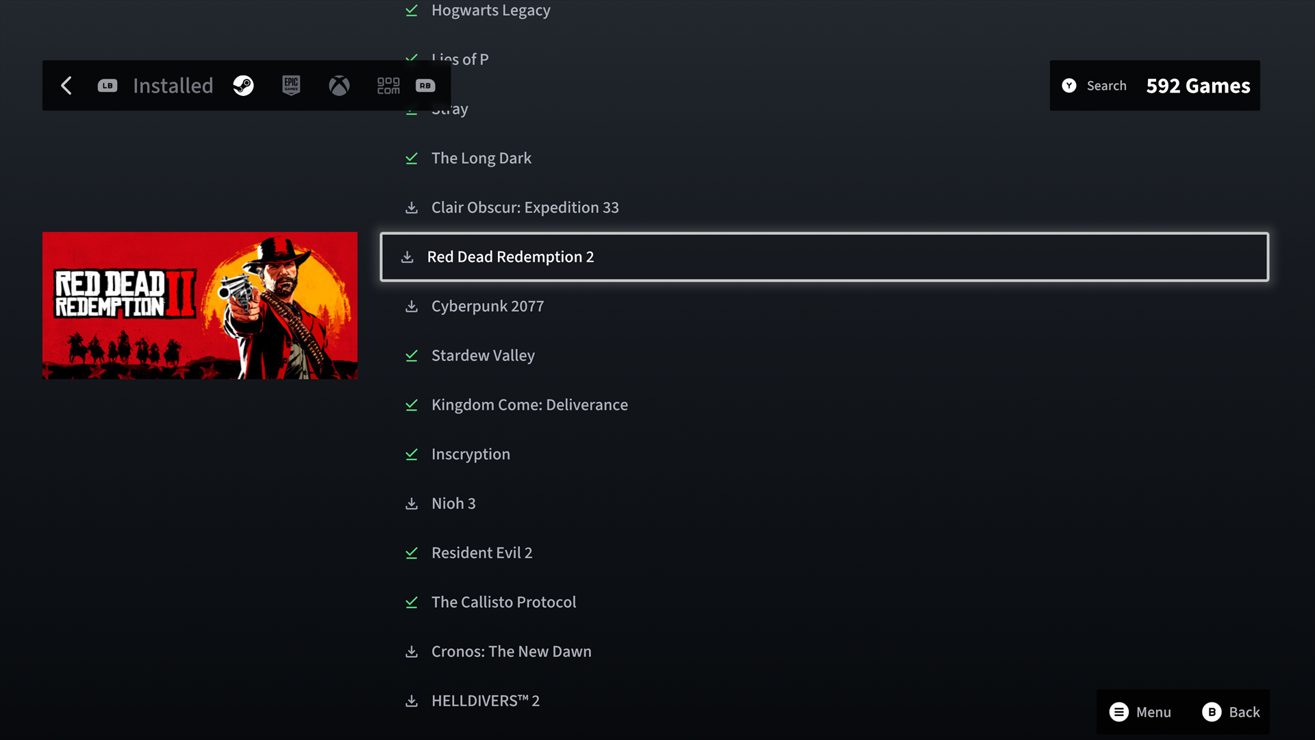Game search results list with a selected game and game artwork