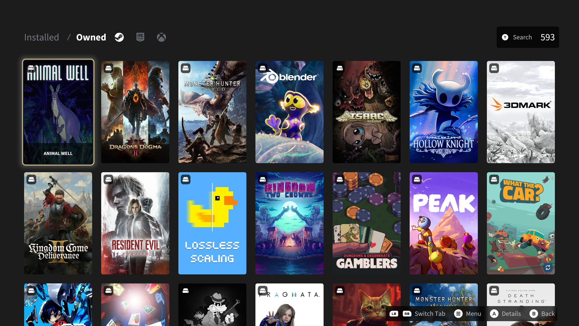 Game search results list with a selected game and game artwork