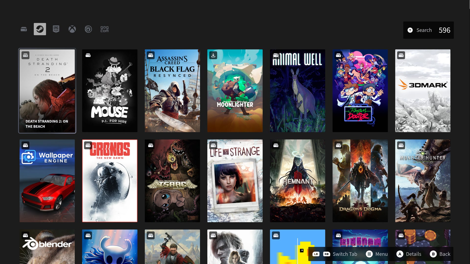 Owned games grid with Steam, Epic, and Xbox filters and install-status icons