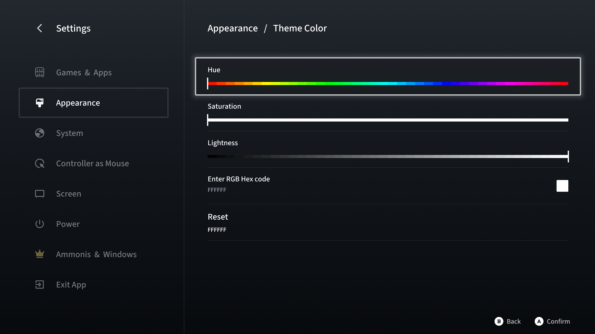 Appearance settings showing theme color sliders and hex color entry