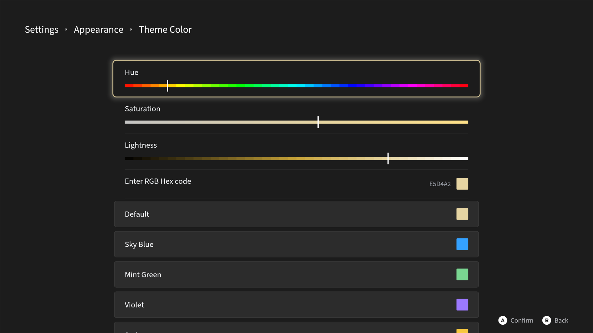 Appearance settings showing theme color sliders and hex color entry