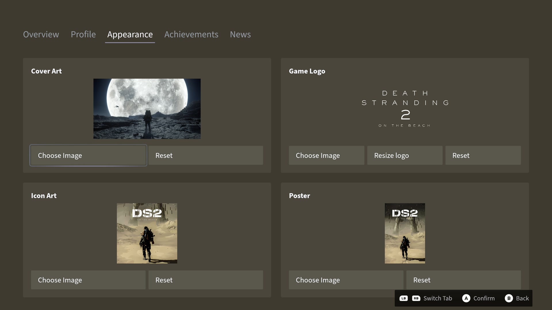Game appearance settings with cover art, game logo, icon art, and poster controls