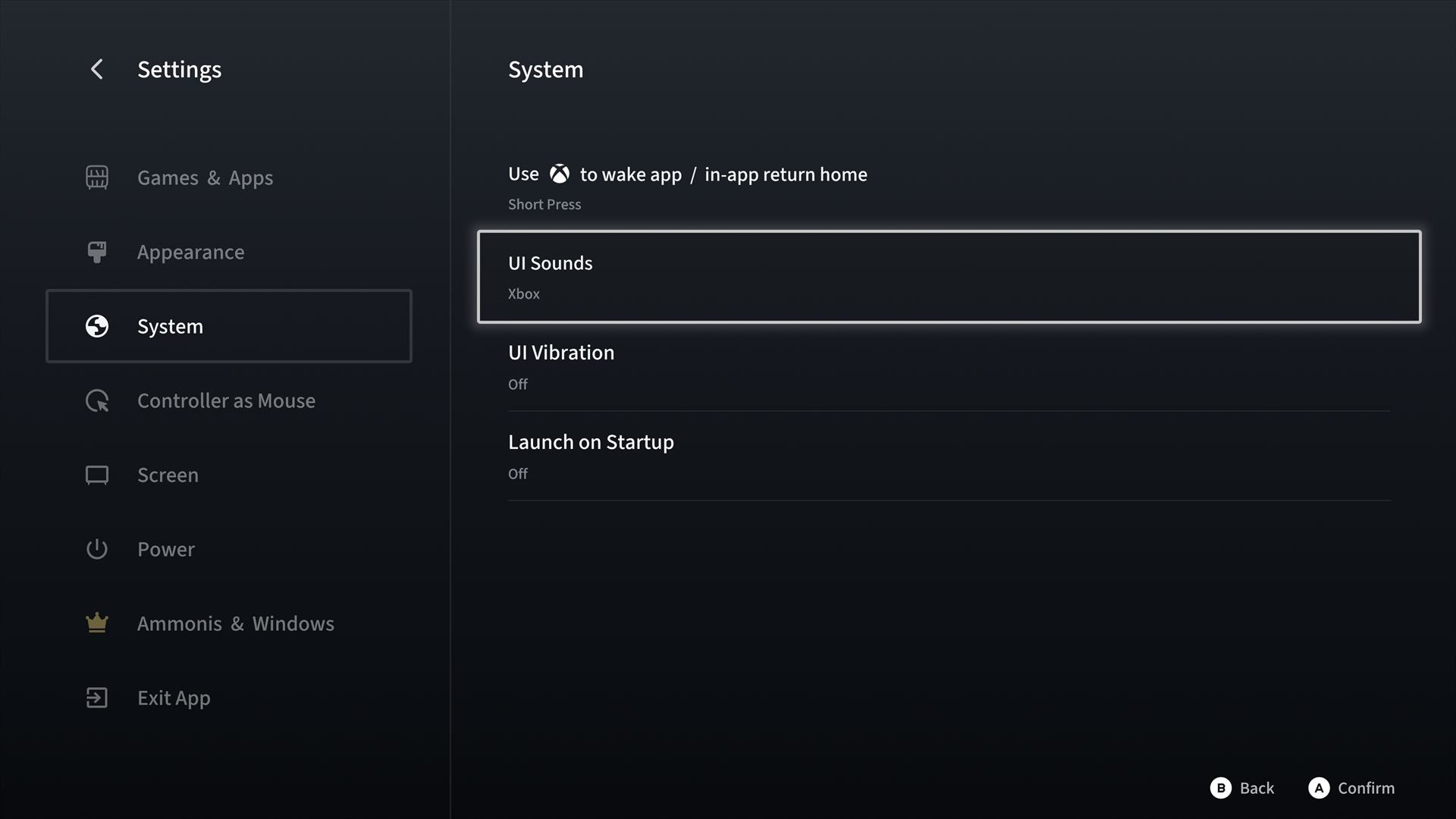 Ammonis system settings with sounds vibration and startup controls