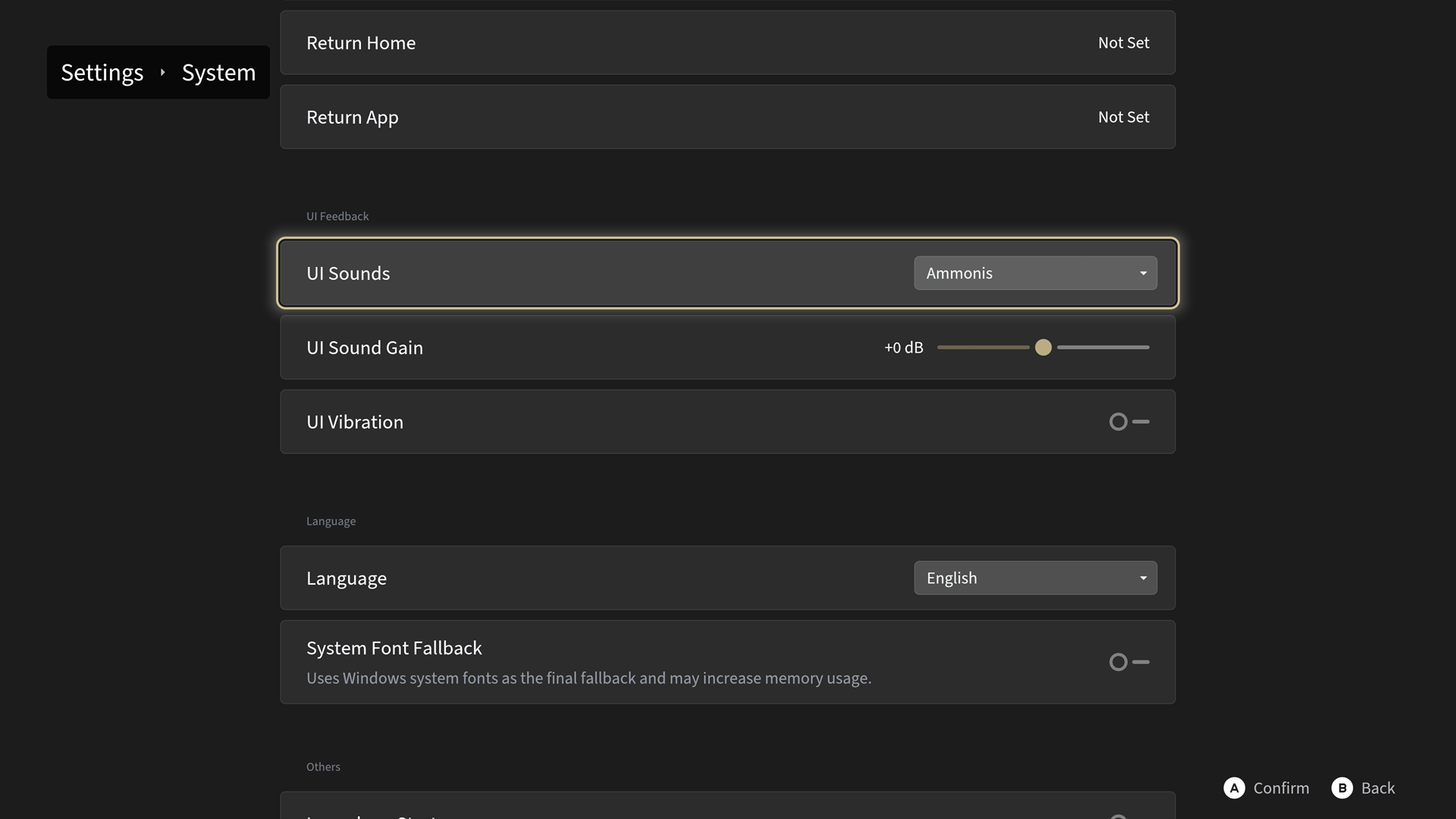 System settings with UI sounds, vibration, and startup controls