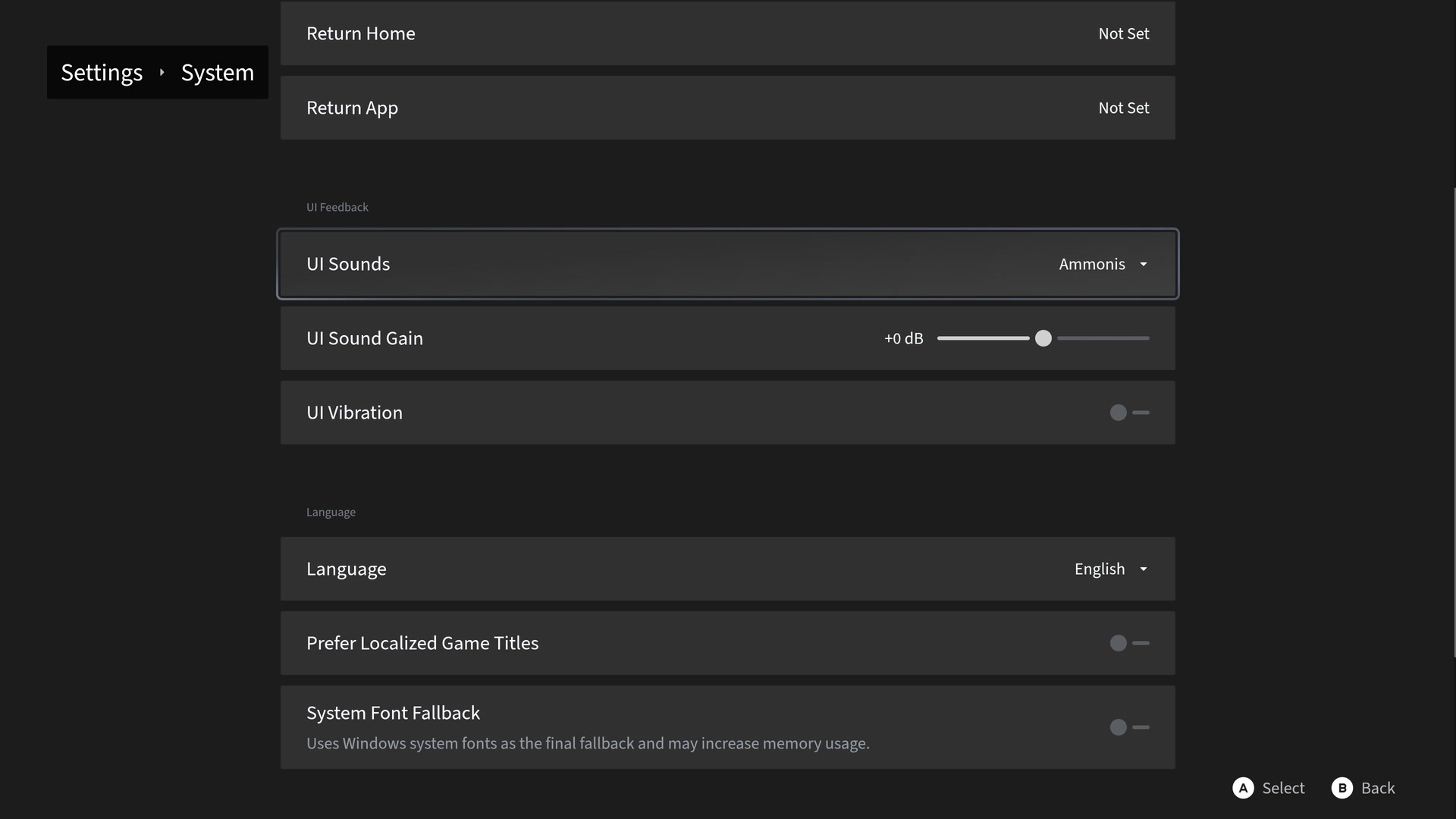 System settings with return shortcuts, UI sounds, vibration, language, and font fallback controls