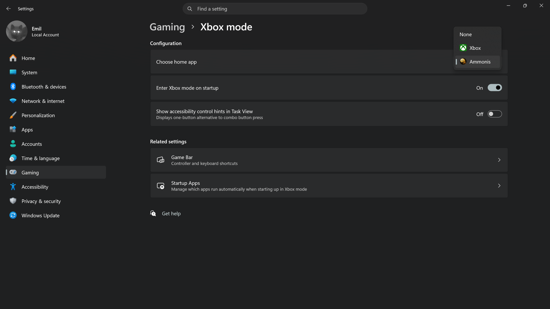 Windows Xbox mode settings showing Ammonis as the home app